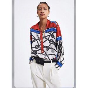 Zara Tunic Top Sailor Nautical Anchor Red White Blue Coastal Size M